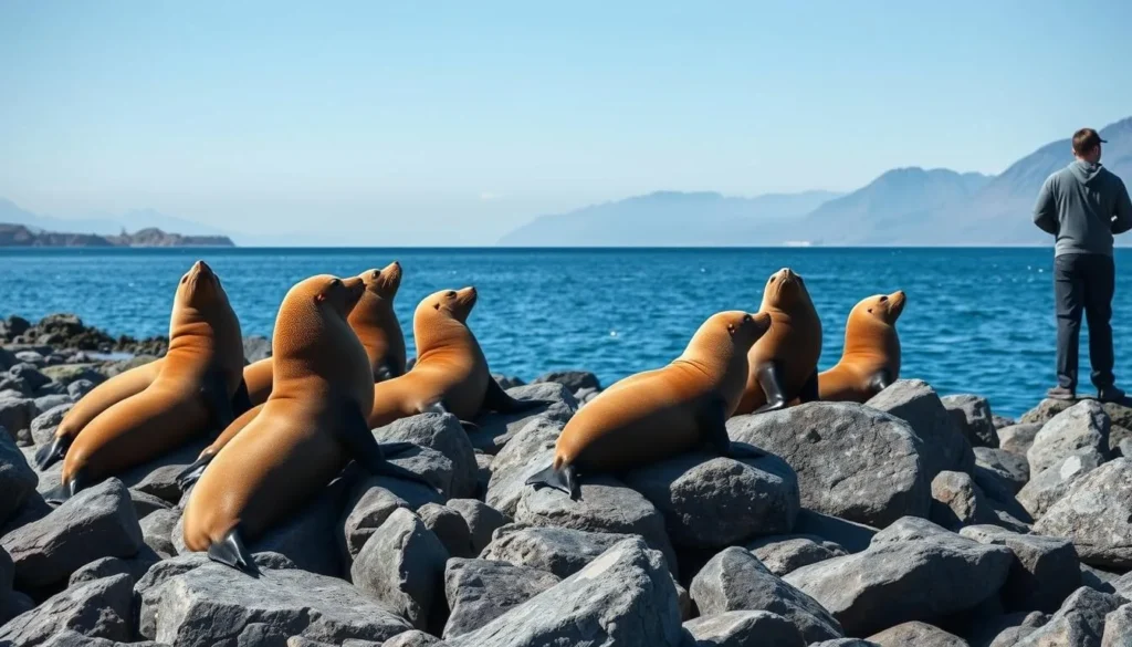 Wildlife viewing of sea lions on coastal rocks in Avacha Bay