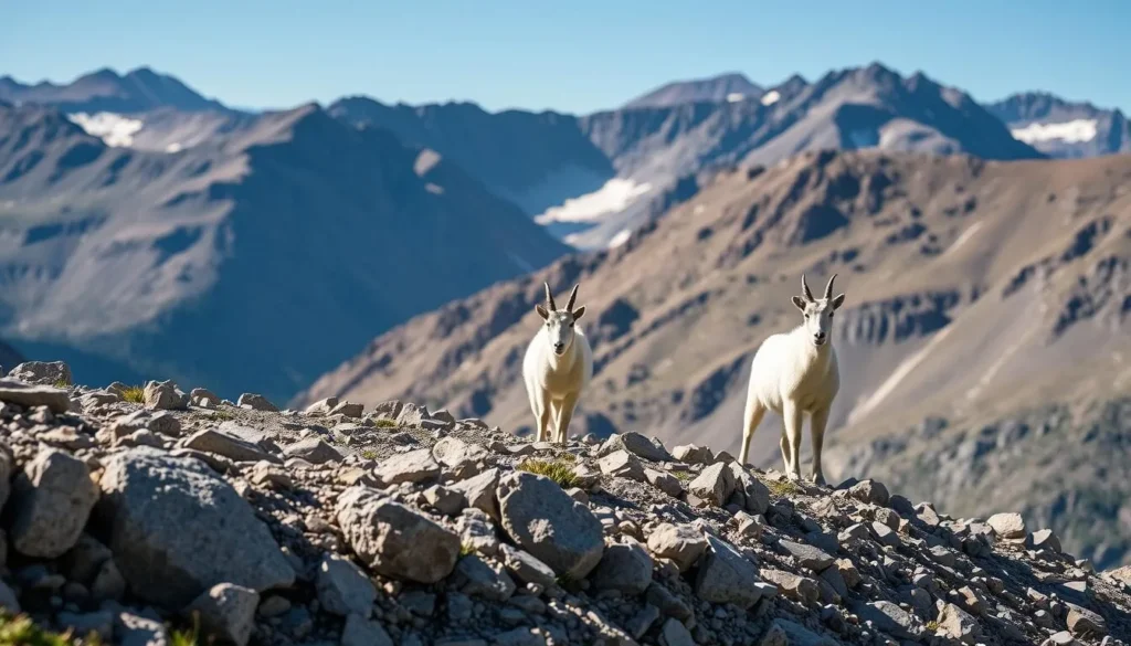 Wildlife viewing on the Colorado Trail with mountain goats on a rocky slope
