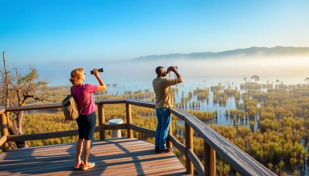 Wildlife viewing platform at Sam Houston Jones State Park overlooking a lagoon