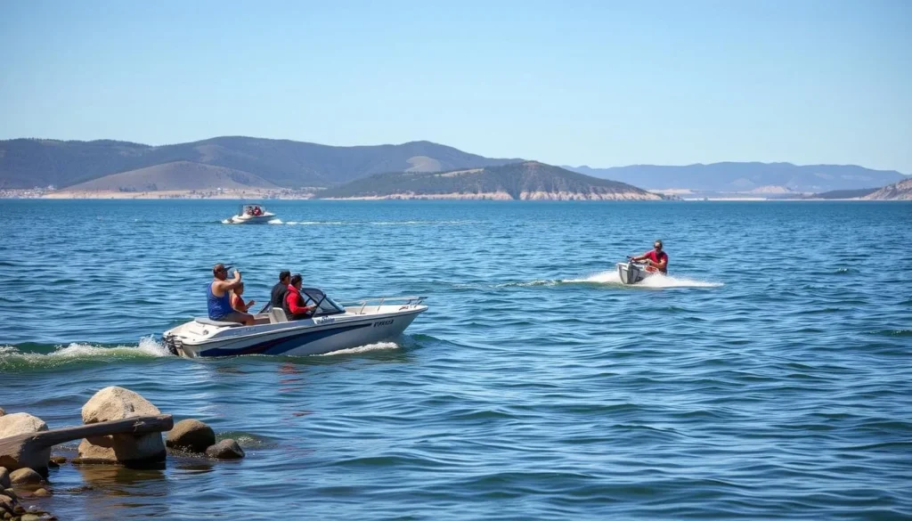 Wind warning lights at San Luis Reservoir with boaters safely returning to shore Wind warning lights at San Luis Reservoir with boaters safely returning to shore