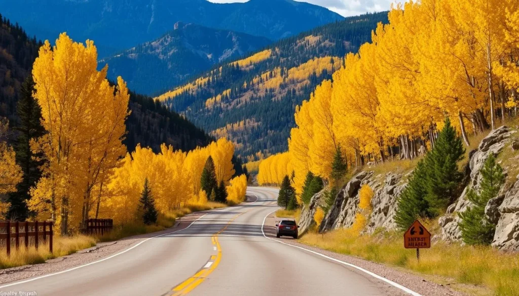 Winding mountain road of Cache la Poudre-North Park Scenic Byway with colorful fall foliage and mountain views Winding mountain road of Cache la Poudre-North Park Scenic Byway with colorful fall foliage and mountain views