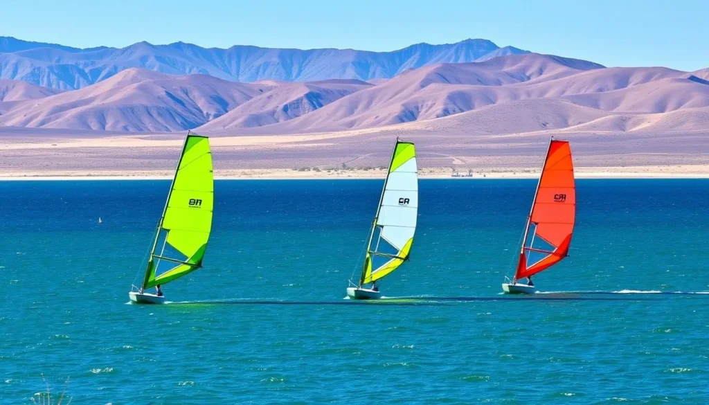Windsurfers on Storrie Lake enjoying the breeze on a sunny day Windsurfers on Storrie Lake enjoying the breeze on a sunny day