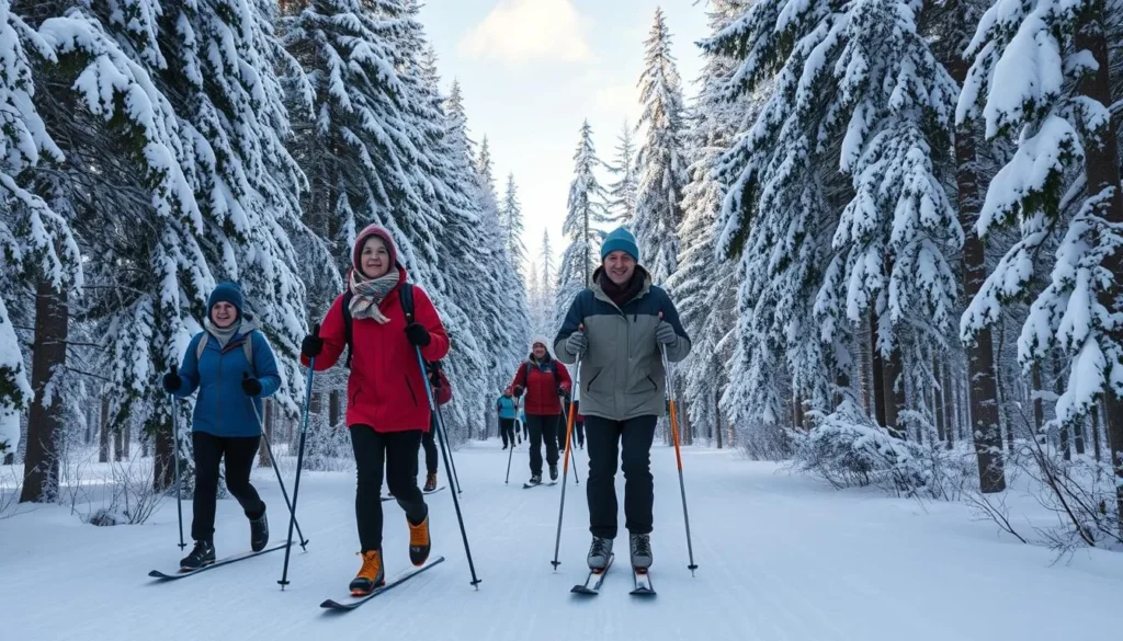 Winter activities in Komi Republic showing cross-country skiing through snow-covered forest