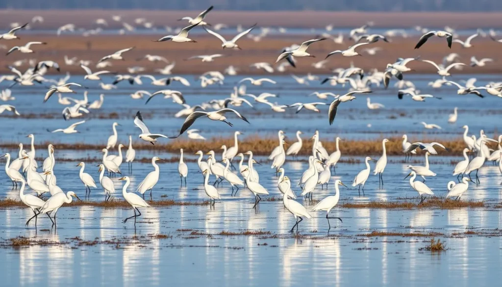 Winter bird migration at Rockefeller Wildlife Refuge with various wading birds in the wetlands
