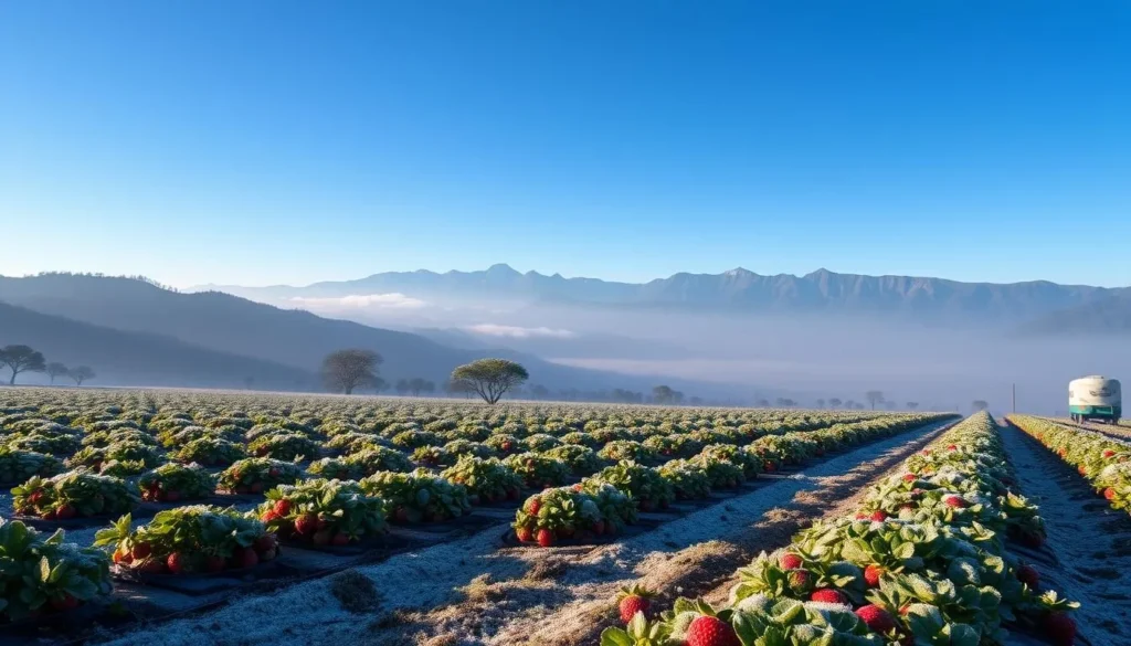 Winter morning in Constanza with frost on strawberry fields and mountains in the background