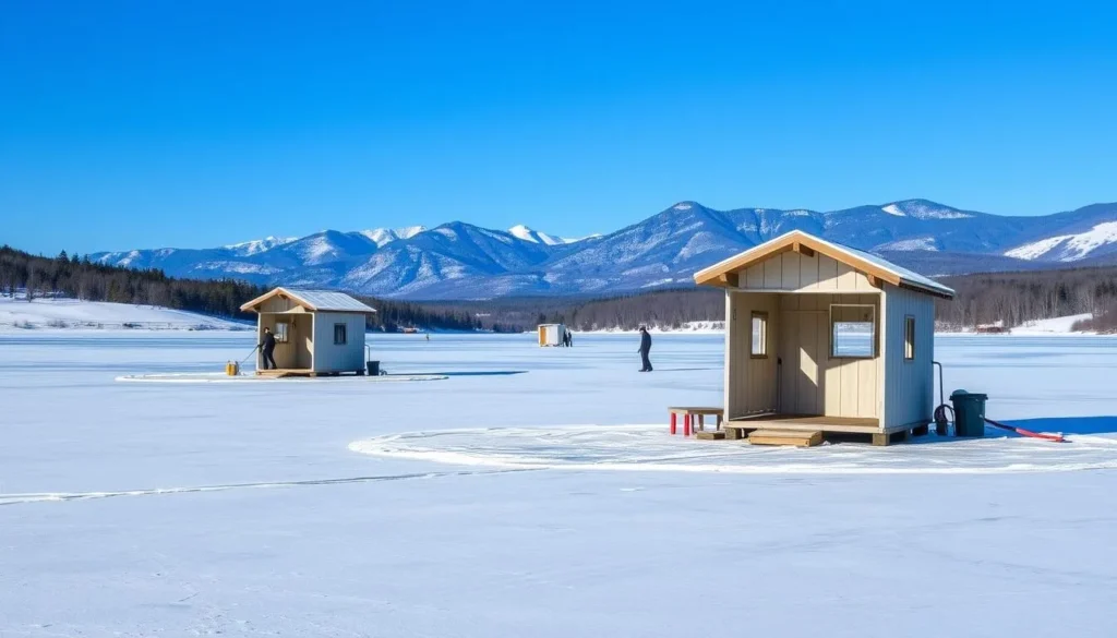 Winter scene at Eleven Mile State Park with ice fishing on the frozen reservoir Winter scene at Eleven Mile State Park with ice fishing on the frozen reservoir