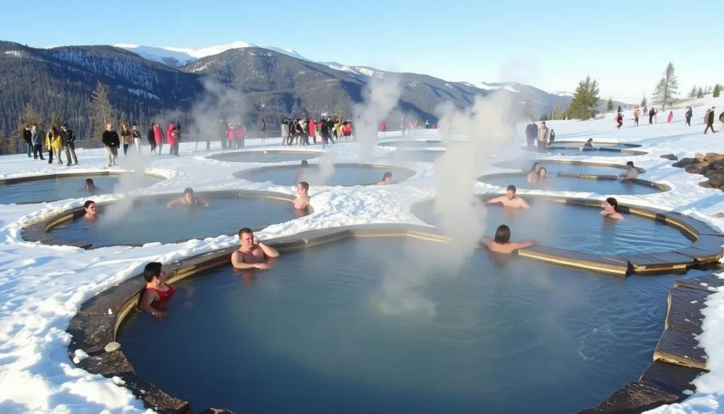 Winter scene at Iron Mountain Hot Springs with snow and steaming pools