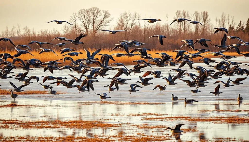 Winter scene at Lacassine Wetlands Louisiana with migratory birds flying over the marsh Winter scene at Lacassine Wetlands Louisiana with migratory birds flying over the marsh