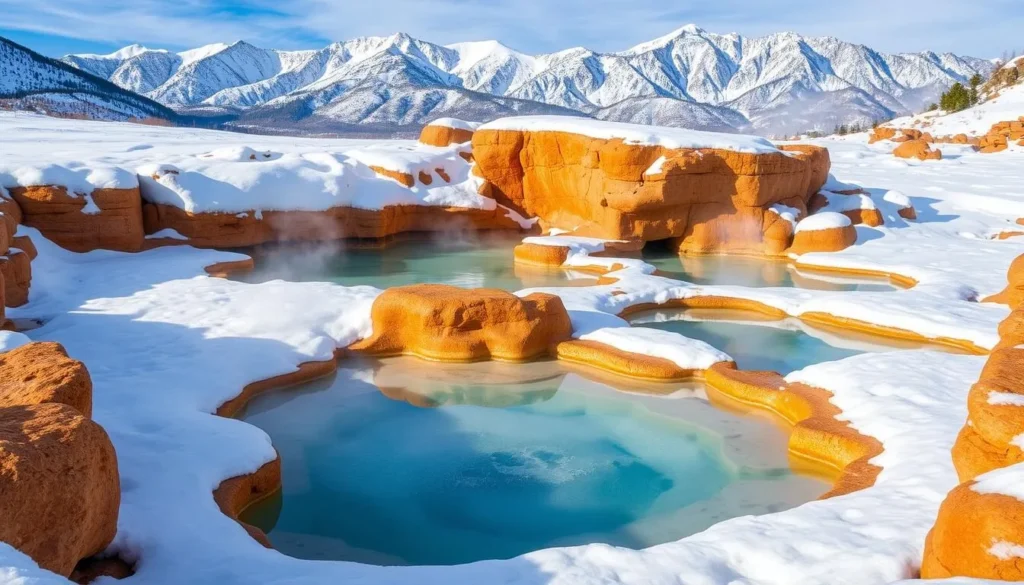 Winter scene at Travertine Hot Springs with snow and steaming pools Winter scene at Travertine Hot Springs with snow and steaming pools
