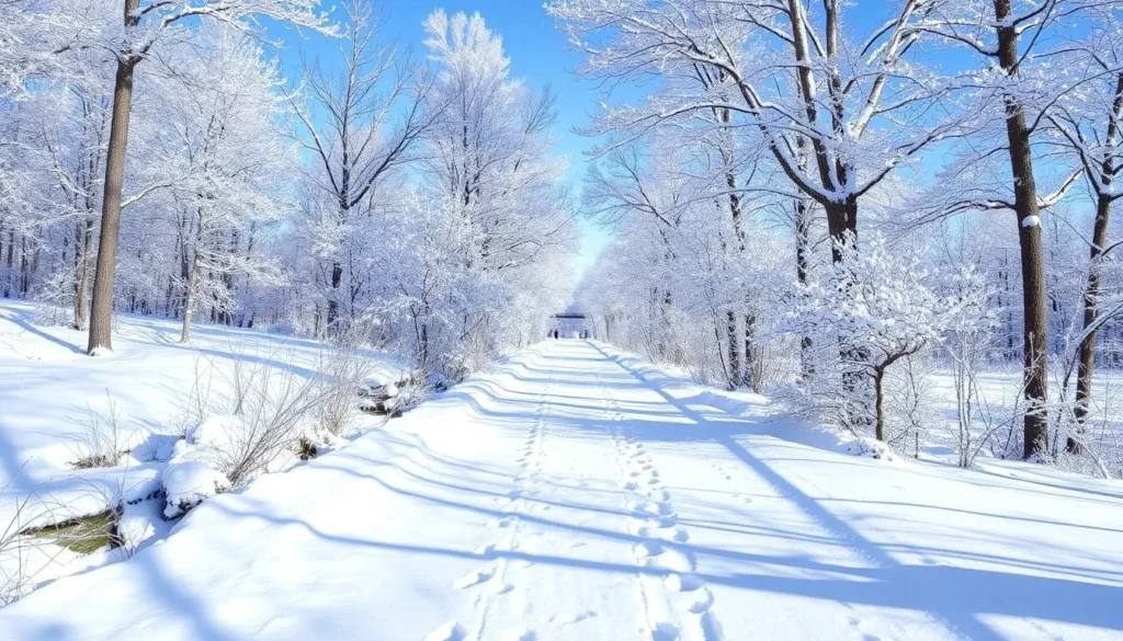 Winter scene at Weldon Springs State Park with snow-covered trails