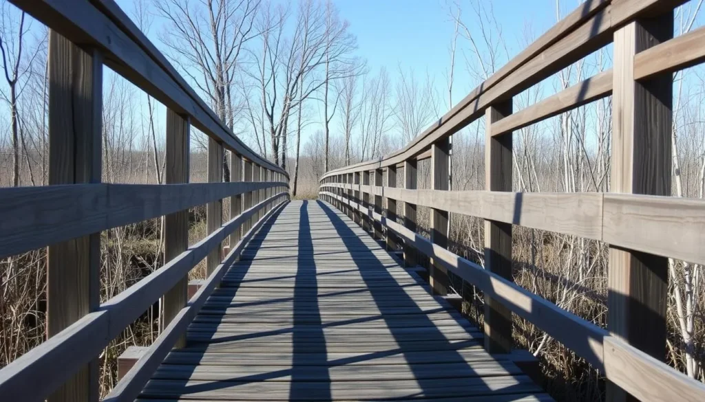 Wooden boardwalk through Volo Bog with safety railings on a clear day