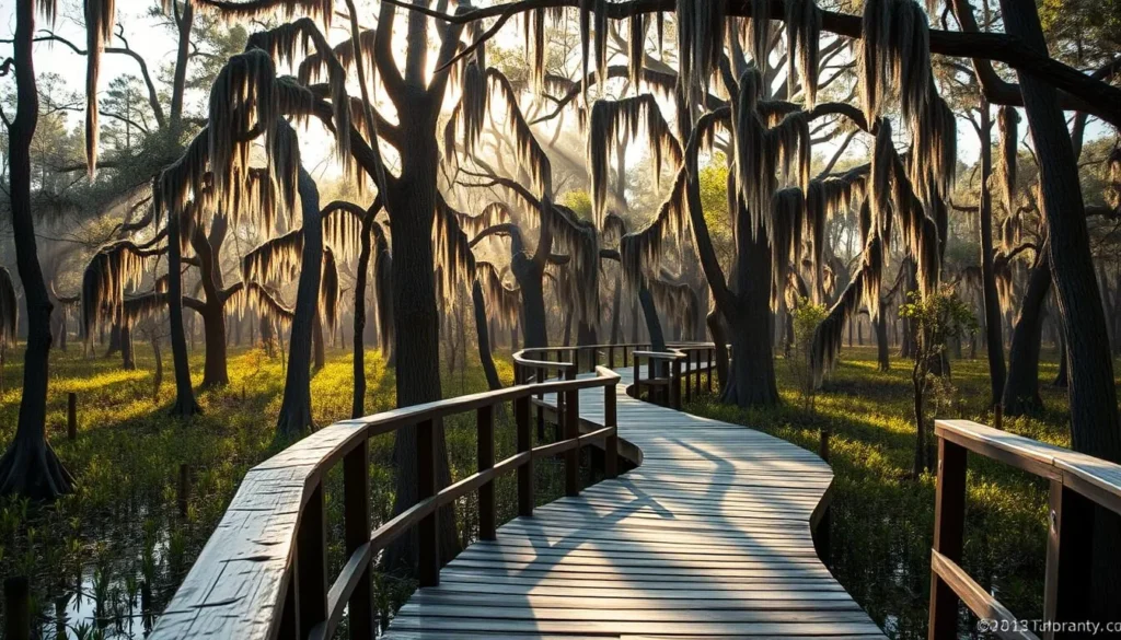 Wooden boardwalk through cypress wetlands at Fairview-Riverside State Park