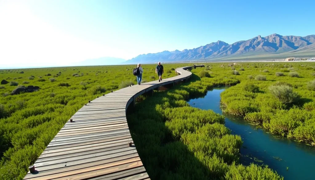 Wooden boardwalk trail through Ash Meadows wetlands Wooden boardwalk trail through Ash Meadows wetlands