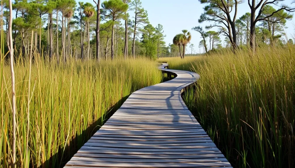 Wooden boardwalk trail through Red River National Wildlife Refuge Louisiana wetlands Wooden boardwalk trail through Red River National Wildlife Refuge Louisiana wetlands