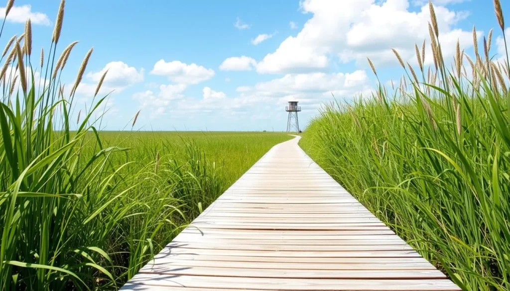 Wooden boardwalk trail through Sabine National Wildlife Refuge marshlands with observation tower in distance Wooden boardwalk trail through Sabine National Wildlife Refuge marshlands with observation tower in distance