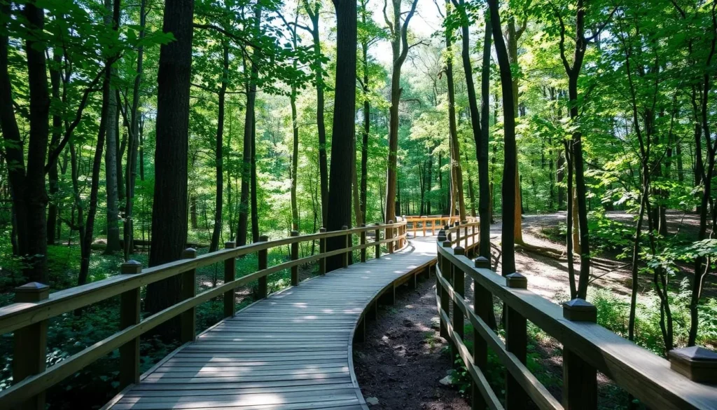 Wooden boardwalk trail through Starved Rock State Park forest Wooden boardwalk trail through Starved Rock State Park forest
