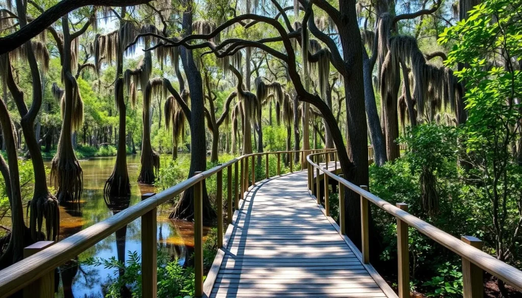 Wooden boardwalk trail through cypress swamp at Lake Fausse Pointe State Park