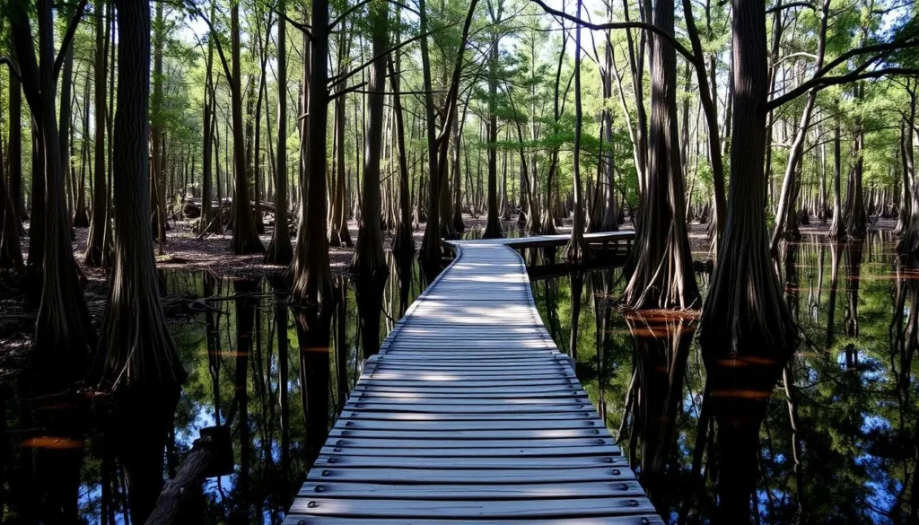 Wooden boardwalk trail through cypress swamp at Tickfaw State Park