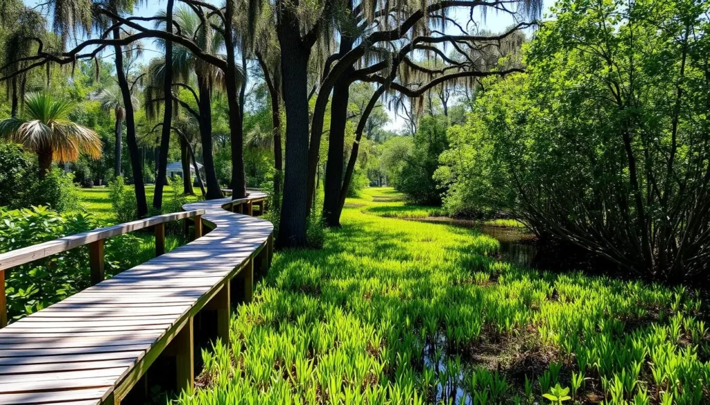 Wooden boardwalk trail through wetlands at Barataria Preserve