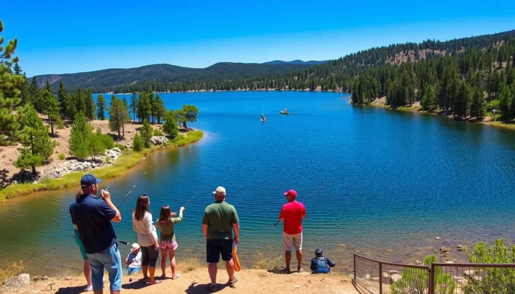Woods Canyon Lake surrounded by pine forest with people enjoying fishing and boating Woods Canyon Lake surrounded by pine forest with people enjoying fishing and boating