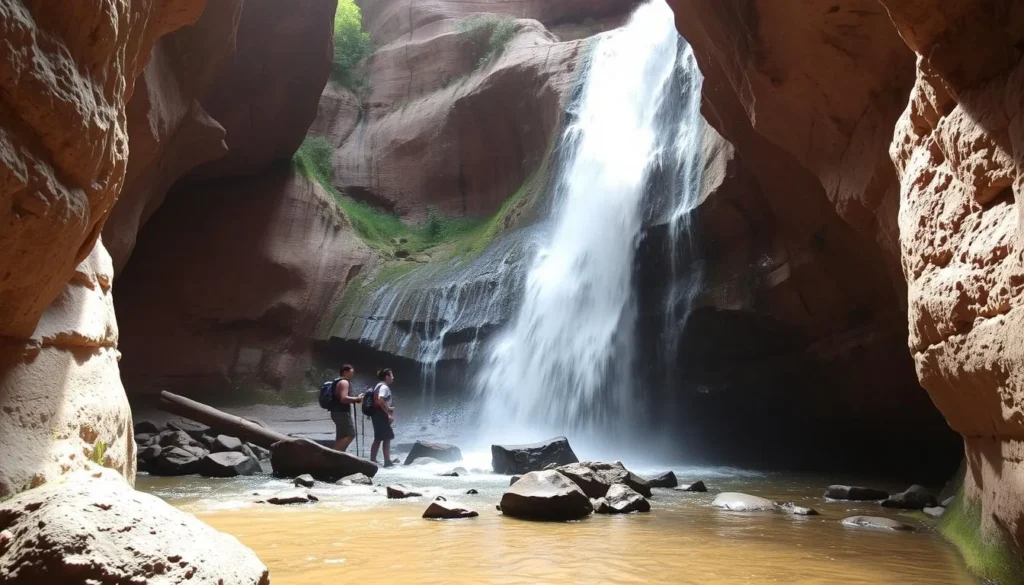 Zapata Falls waterfall near Great Sand Dunes with hikers enjoying the view