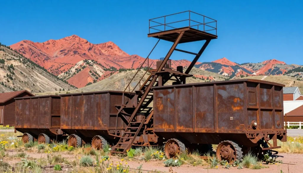 Abandoned mining equipment and ore cars at Red Mountain Town with red mountain peaks towering in the background under clear skies