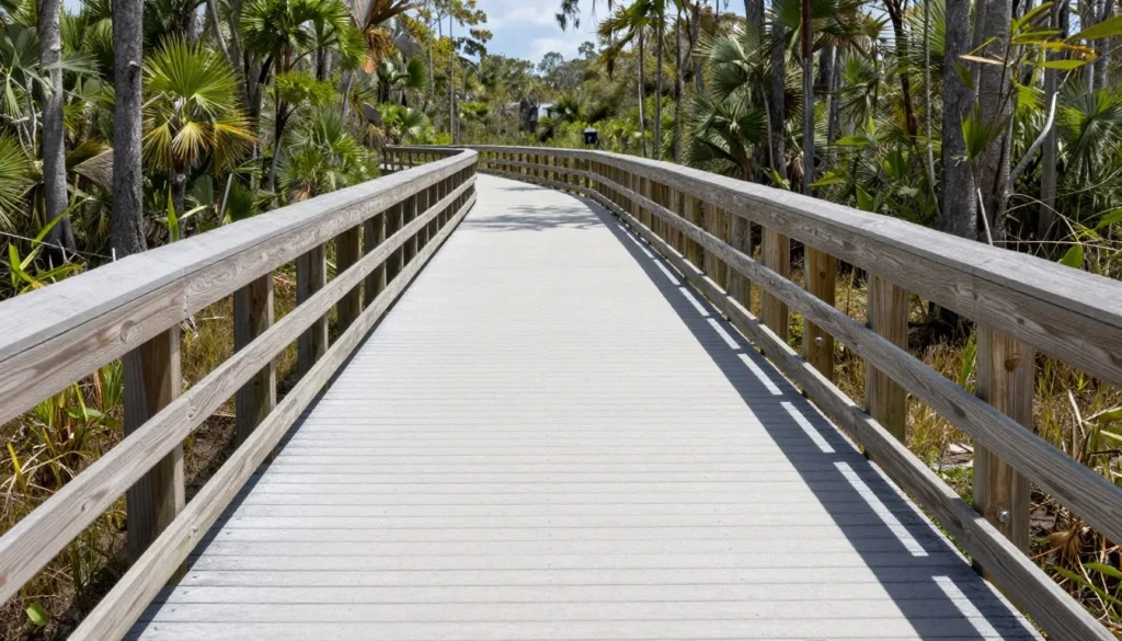 Accessible trail section with smooth boardwalk and safety railings