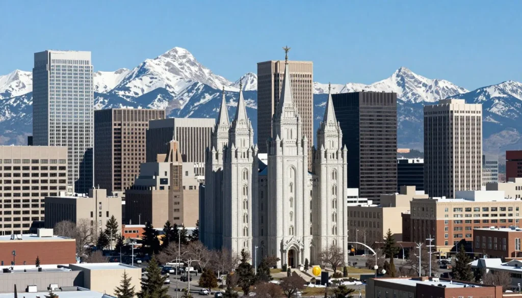 Aerial view of Salt Lake City downtown with mountains in background