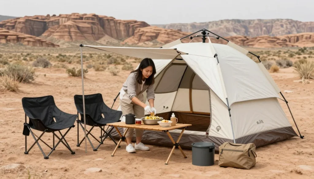 Affordable camping setup with budget-friendly gear in beautiful desert landscape