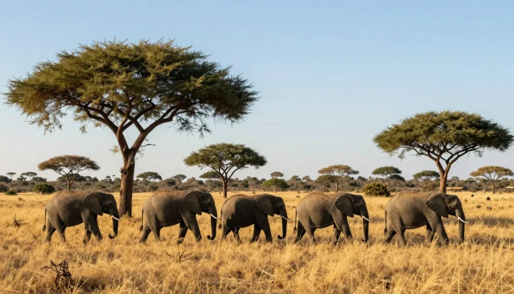 African elephants walking through savanna grassland in Swaziland game reserve African elephants walking through savanna grassland in Swaziland game reserve