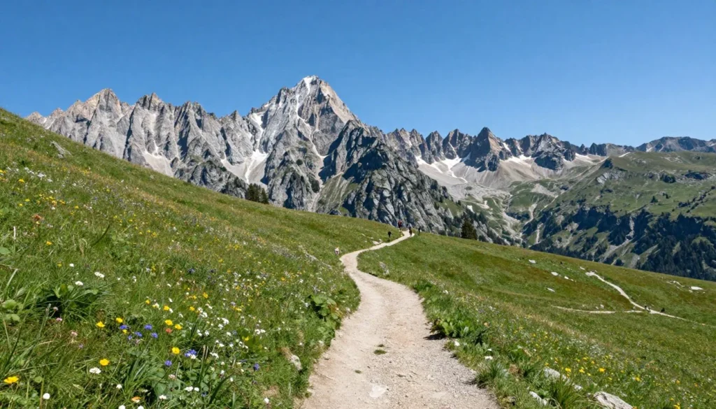 Alpine hiking trail with mountain views and wildflower meadows