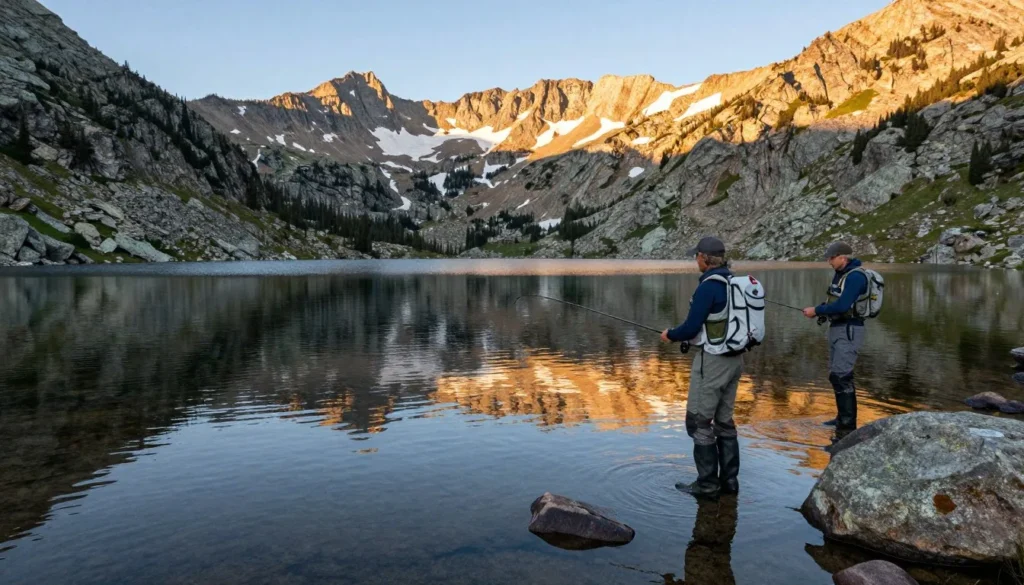 Alpine lake in Colorado mountains with fly fishermen