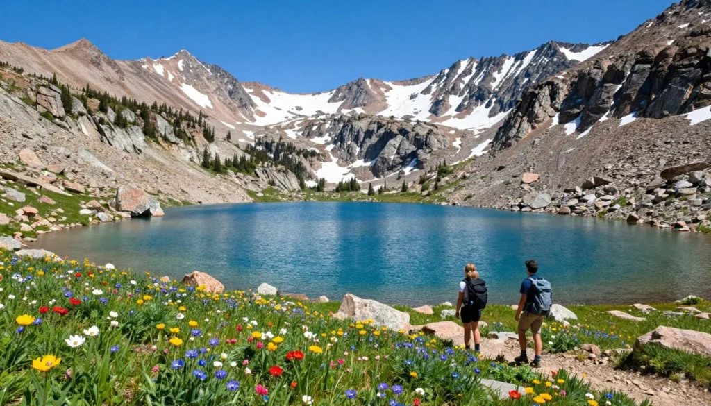 Alpine lake in Medicine Bow Mountains with wildflowers