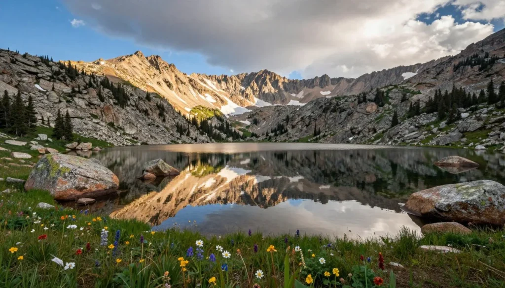 Alpine lake reflecting mountain peaks in Rocky Mountain National Park Colorado wilderness