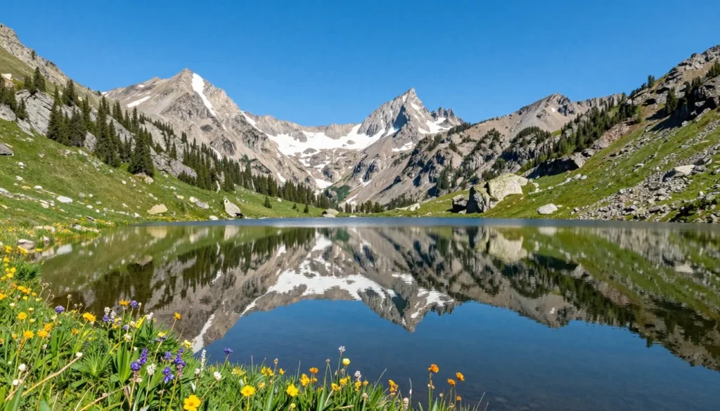Alpine lake reflecting mountain peaks in Sawatch Range wilderness
