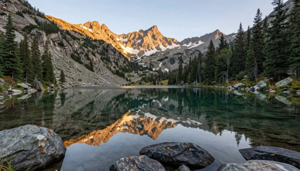Alpine lake reflection with mountain peaks near Rabbit Ears Pass Alpine lake reflection with mountain peaks near Rabbit Ears Pass