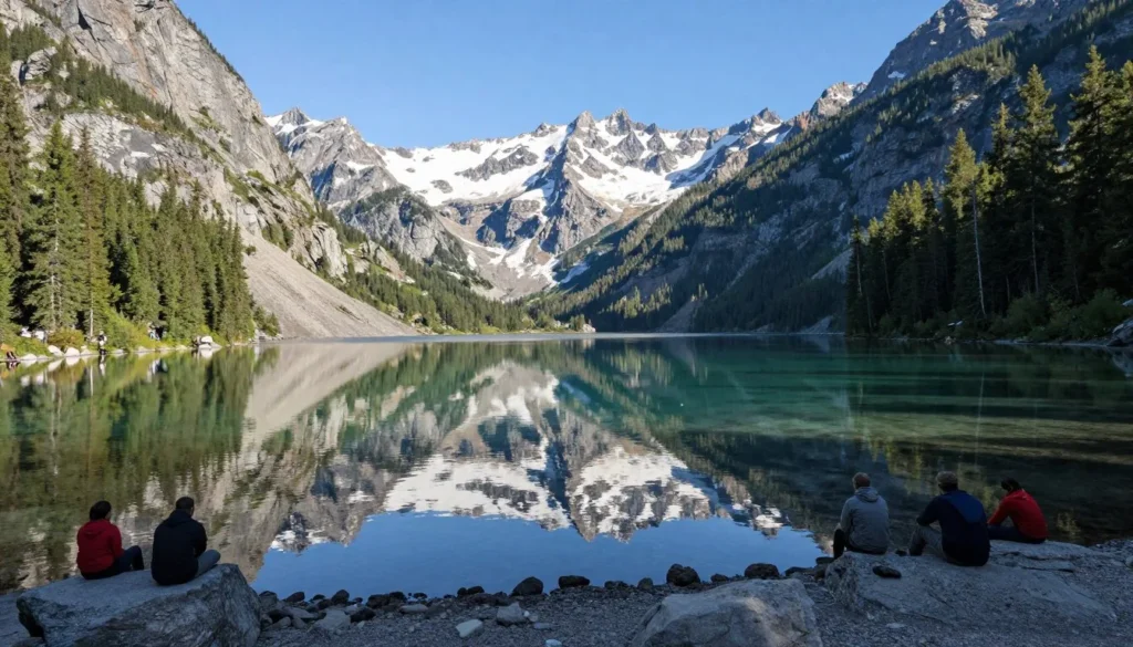 Alpine lake surrounded by Sangre de Cristo Mountains peaks and pine forests