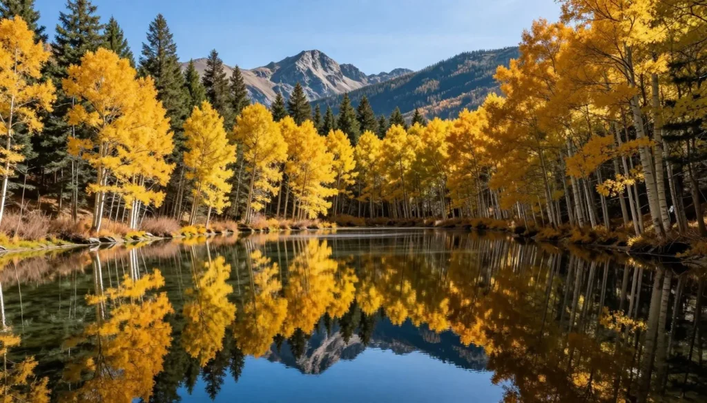 Alpine lake surrounded by aspen trees reflecting in calm water with mountain backdrop Alpine lake surrounded by aspen trees reflecting in calm water with mountain backdrop