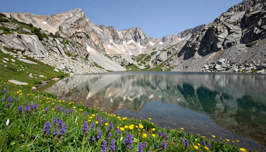 Alpine lake surrounded by granite peaks and wildflowers