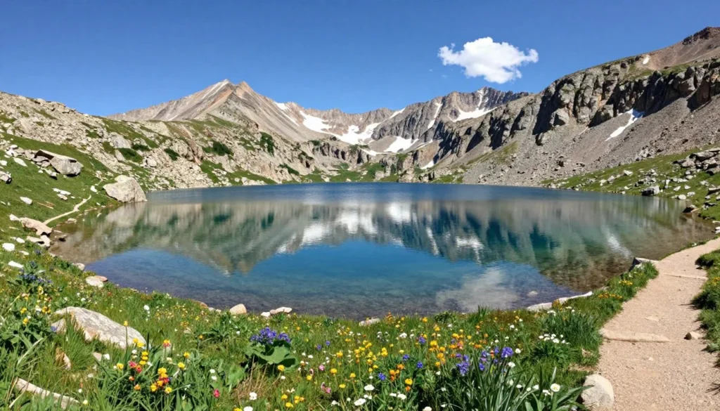 Alpine lake surrounded by mountain peaks with hiking trail visible