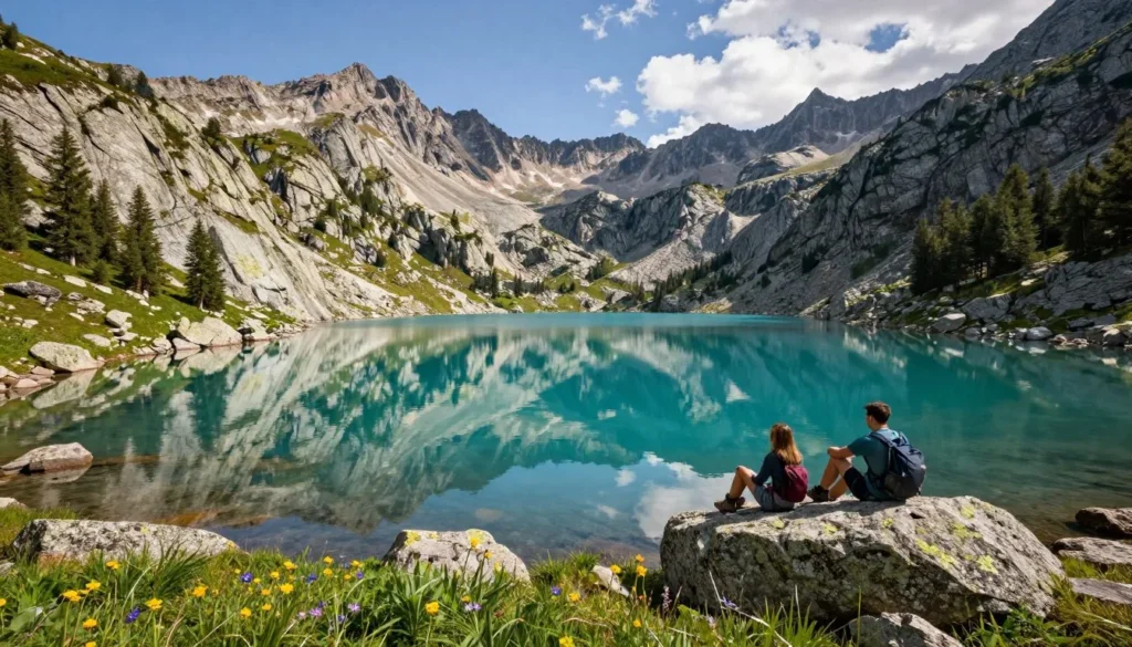 Alpine lake surrounded by mountain peaks with reflection on calm water