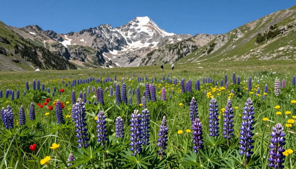 Alpine meadow covered in colorful wildflowers with mountain backdrop Alpine meadow covered in colorful wildflowers with mountain backdrop