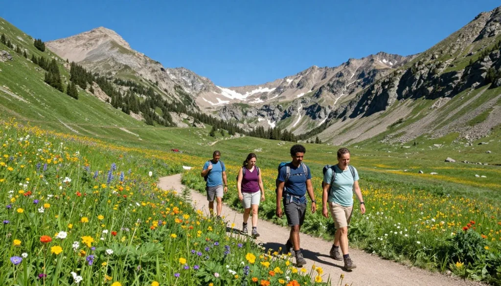 Alpine meadow trail with diverse hikers and wildflowers under mountain peaks