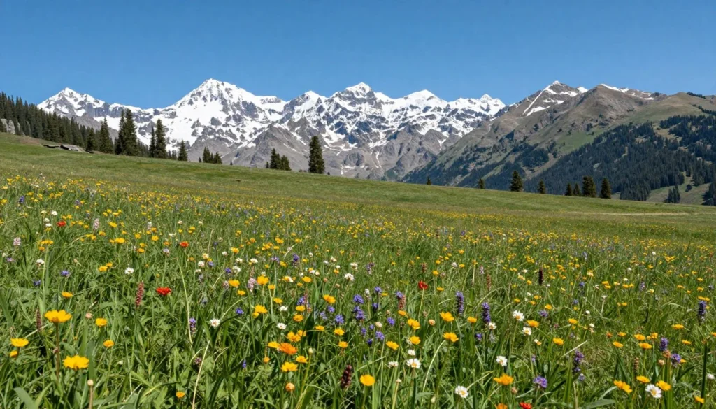 Alpine meadow with snow-capped mountain peaks under clear blue sky