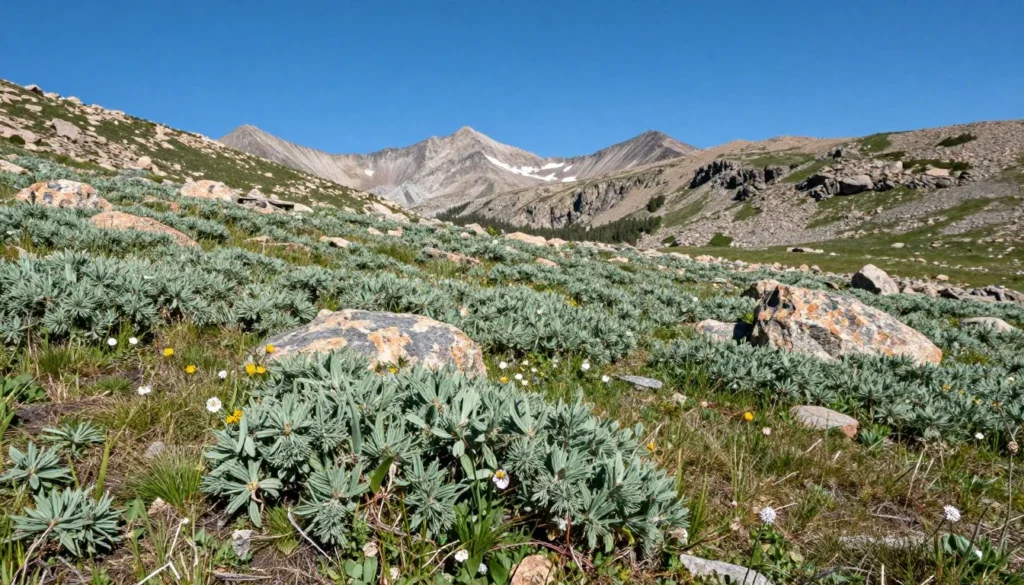 Alpine tundra landscape with low-growing plants and rocky terrain Alpine tundra landscape with low-growing plants and rocky terrain