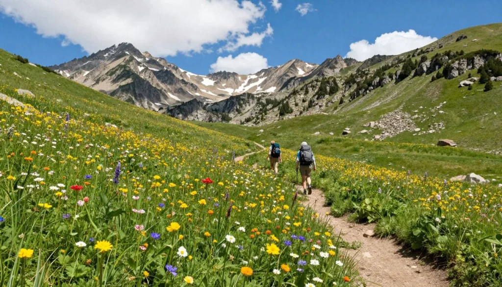 Alpine wildflower meadow below Mount Princeton with hiking trail Alpine wildflower meadow below Mount Princeton with hiking trail