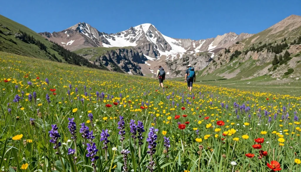 Alpine wildflower meadow with hikers in Yankee Boy Basin