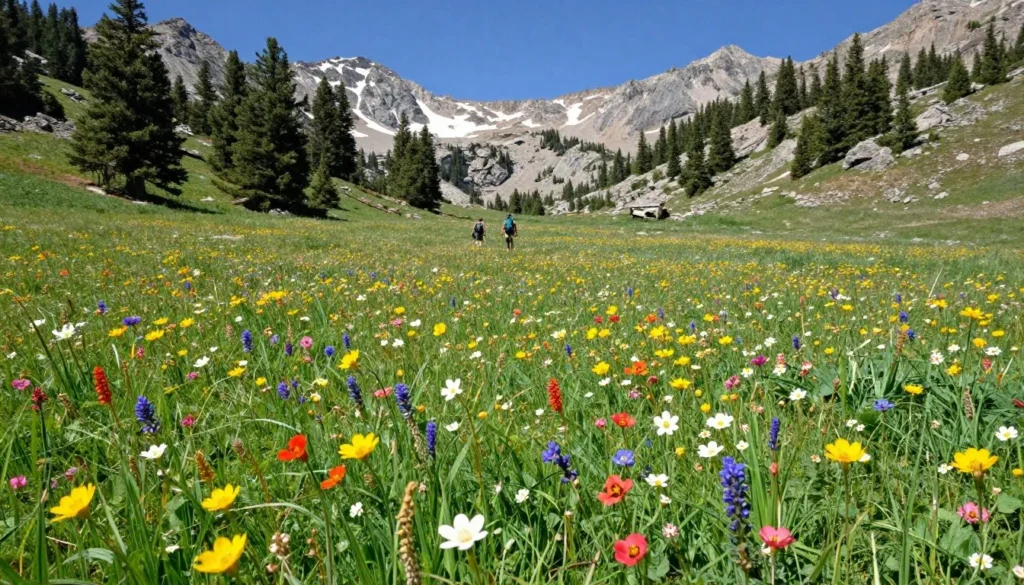 Alpine wildflower meadow with mountain peaks and scattered evergreen trees Alpine wildflower meadow with mountain peaks and scattered evergreen trees