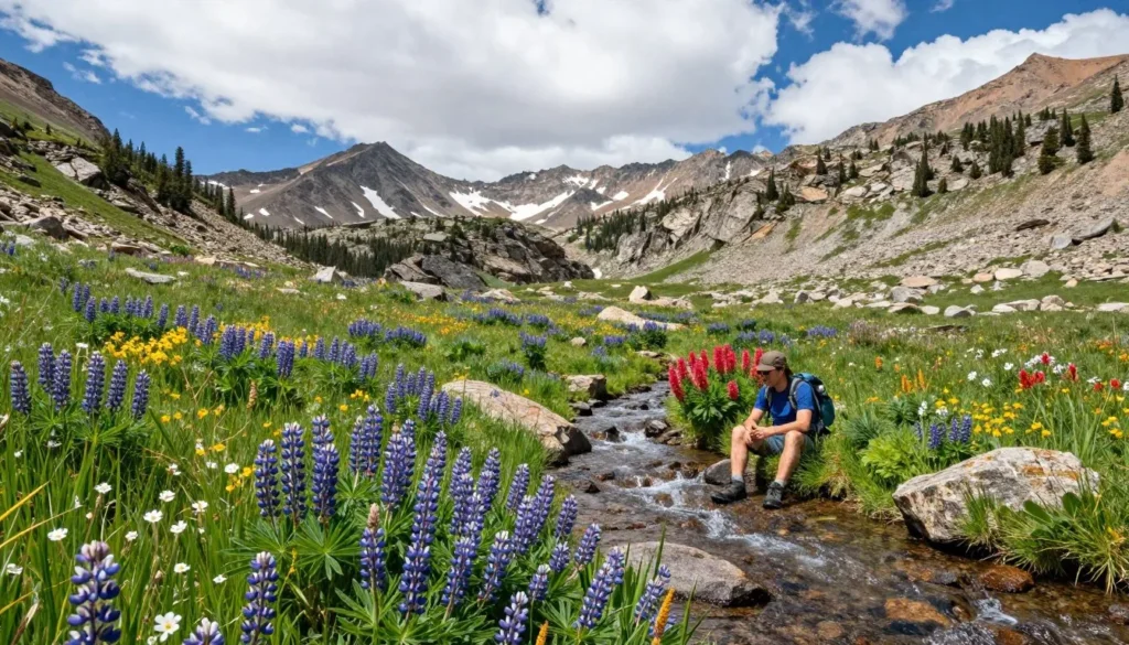 Alpine wildflower meadow with stream and mountain peaks Alpine wildflower meadow with stream and mountain peaks