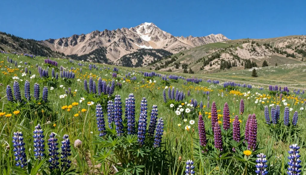 Alpine wildflowers blooming in meadow with mountain backdrop in Great Basin National Park summer